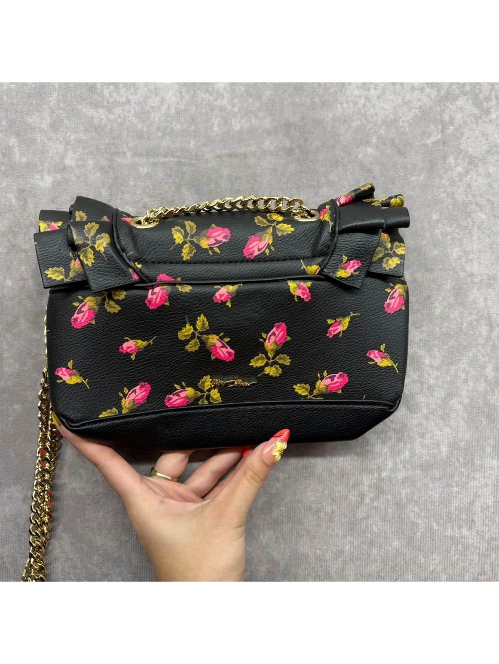 Betsey Johnson Black Floral Rose Print Ruffle Shoulder Bag Chain Crossbody